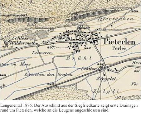 Leugenental 1876: Der Ausschnitt aus der Siegfriedkarte zeigt erste Drainagen rund um Pieterlen, welche an die Leugene angeschlossen sind.